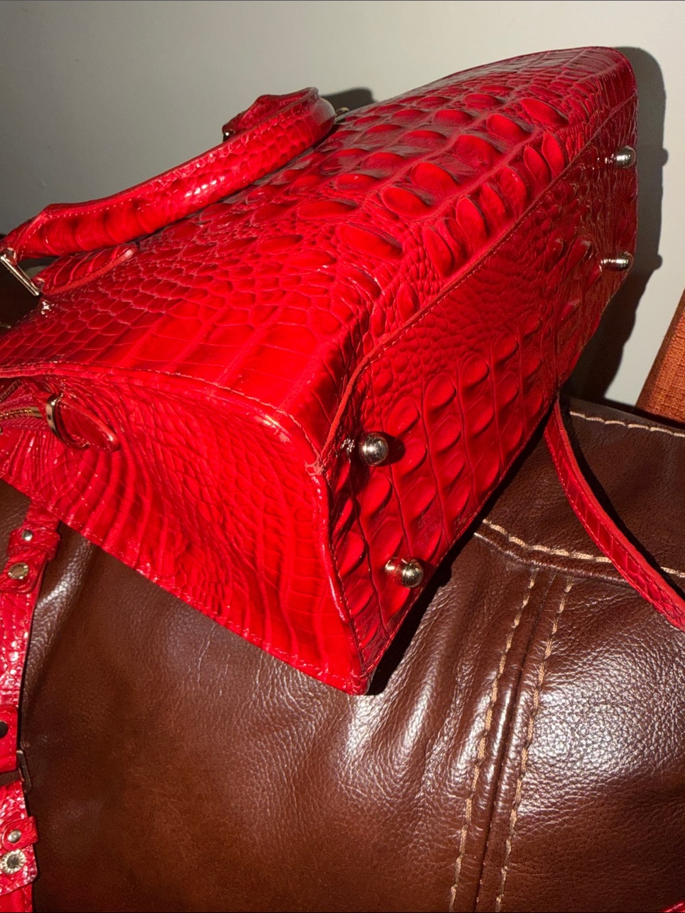 ‼️Brahmin Anywhere Convertible Embossed Red Leather Satchel Crossbody Bag - Picture 9 of 15